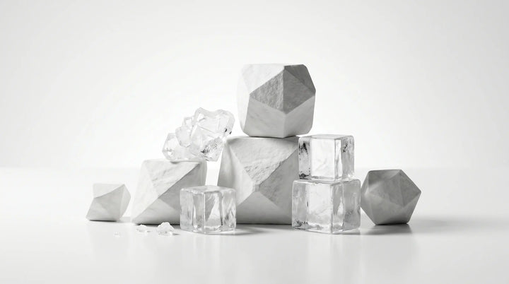 Calcium & Magnesium: Extreme macro photography of pure white mineral stones and crystalline sea salt on a sterile lab surface | RevitaPlus ScienceBits