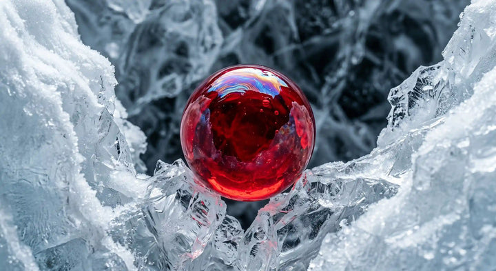 The Phospholipid Revolution: Extreme macro of a glowing ruby krill oil droplet on a clinical white surface | RevitaPlus ScienceBits Cover Story