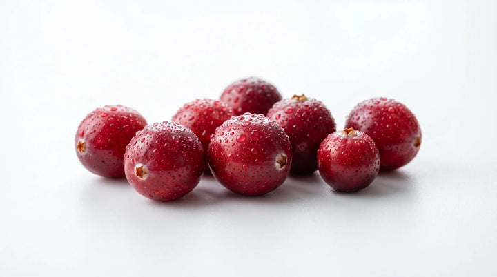 Cranberry: Extreme macro photography of fresh, ruby-red cranberries with delicate water droplets on a sterile white surface | RevitaPlus ScienceBits