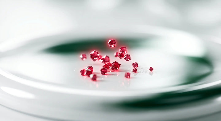 Lycopene Cellular Defense: Macro photography of glowing red carotenoid particles representing antioxidant protection | RevitaPlus ScienceBits