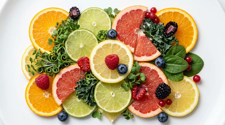 Multivitamins: A geometric arrangement of vitamin-rich superfood slices on a sterile white surface | RevitaPlus ScienceBits
