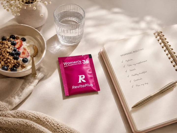 Simple daily supplement routine featuring a wellness supplement pack, glass of water, healthy breakfast, and habit planner in a calm morning setting