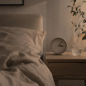 Bedside clock showing around 3 a.m. beside a glass of water in a dim bedroom