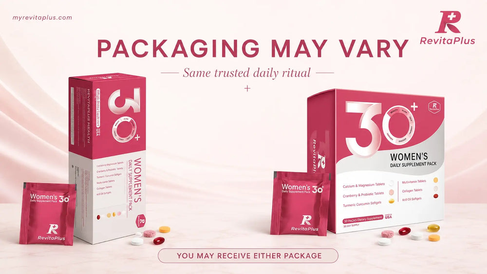 RevitaPlus Beauty Pack packaging may vary with old and new 30-day women’s daily supplement pack designs