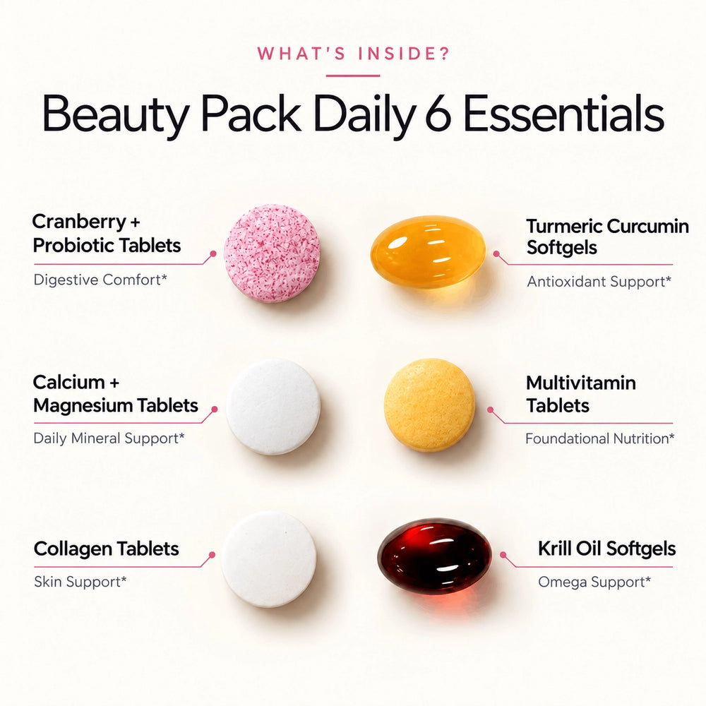 RevitaPlus Beauty Pack six daily essentials including cranberry probiotics, turmeric curcumin, calcium magnesium, multivitamins, collagen and krill oil