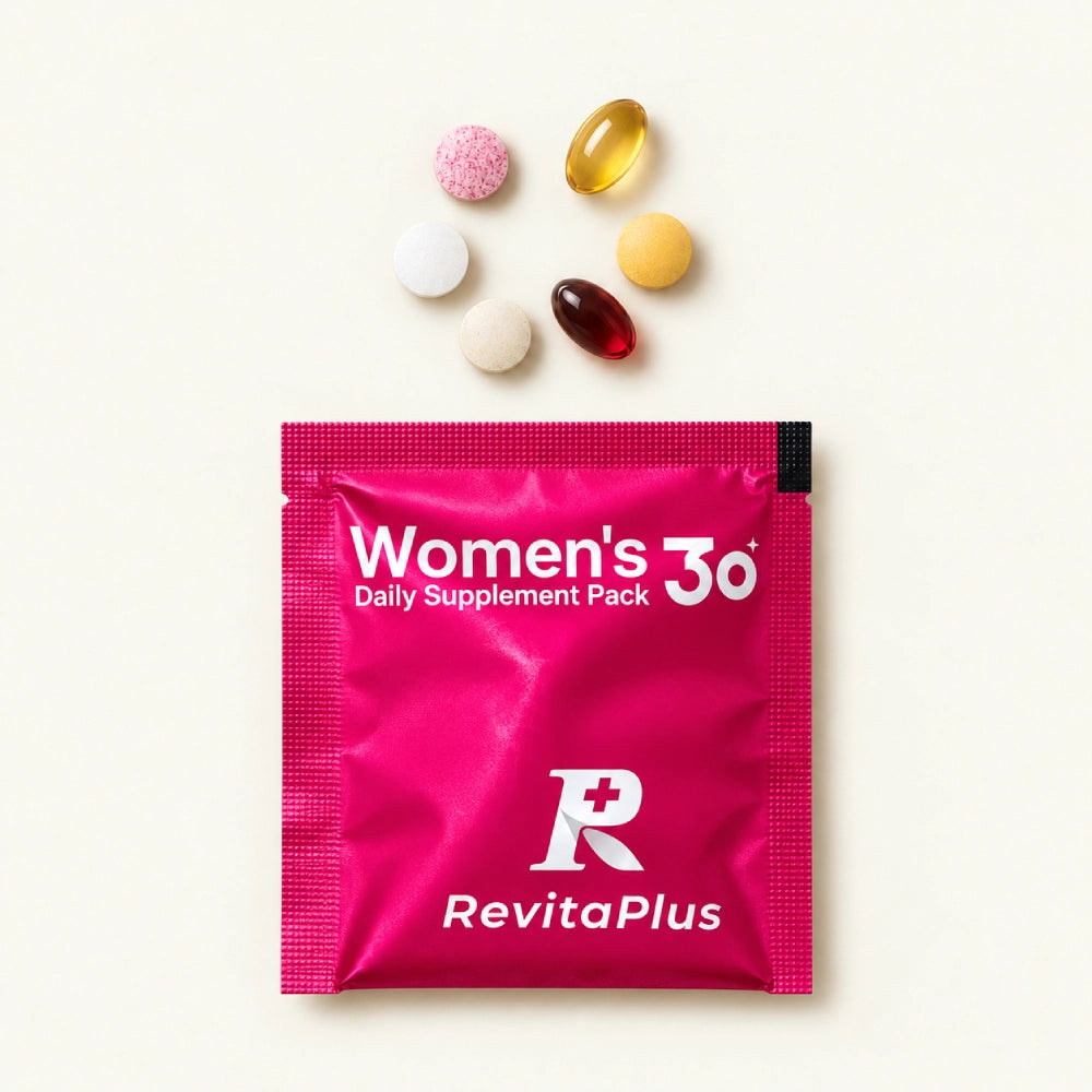 RevitaPlus Beauty Pack daily supplement sachet with six tablets and softgels on a clean ivory background