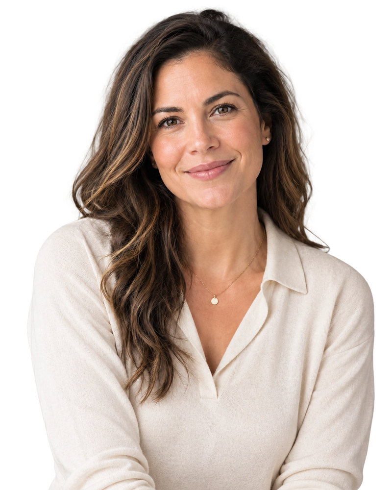 Smiling wellness concierge in a white blouse for RevitaPlus customer support
