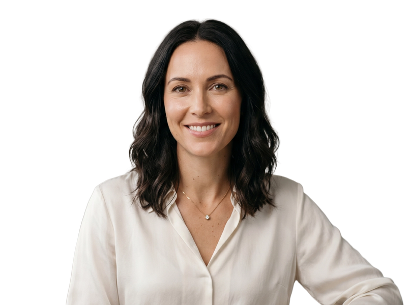 Smiling wellness concierge in a white blouse for RevitaPlus customer support