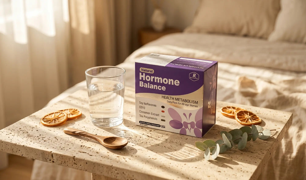 RevitaPlus Natural Hormone Balance box with water in a soft morning wellness setting
