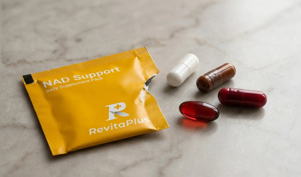 RevitaPlus NAD Support daily supplement pack with capsules on a light stone surface