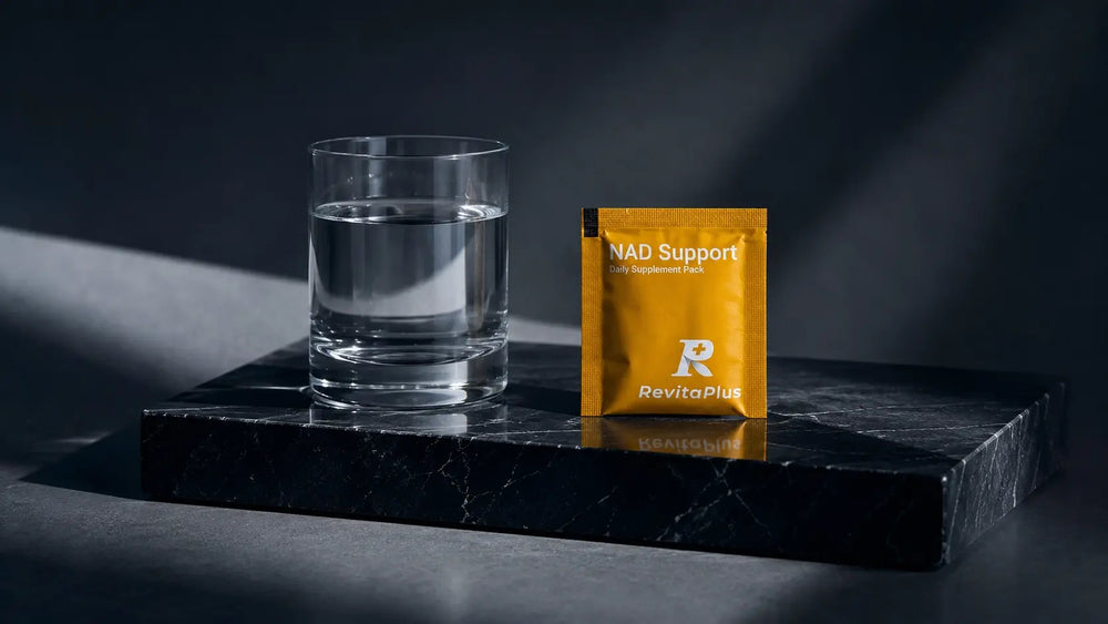 RevitaPlus NAD Support daily supplement pack beside a glass of water on a black marble tray