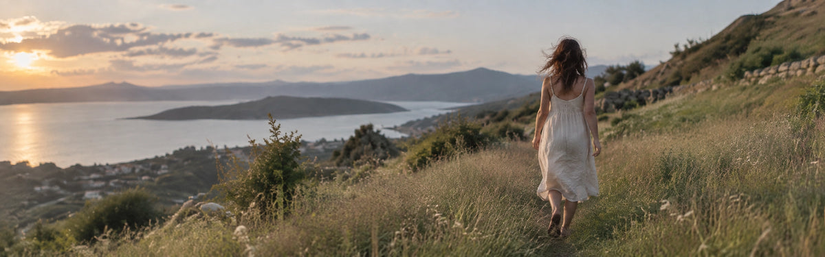 Woman walking through a sunlit hillside landscape, representing the RevitaPlus wellness journeyslider_item_fAd7zW