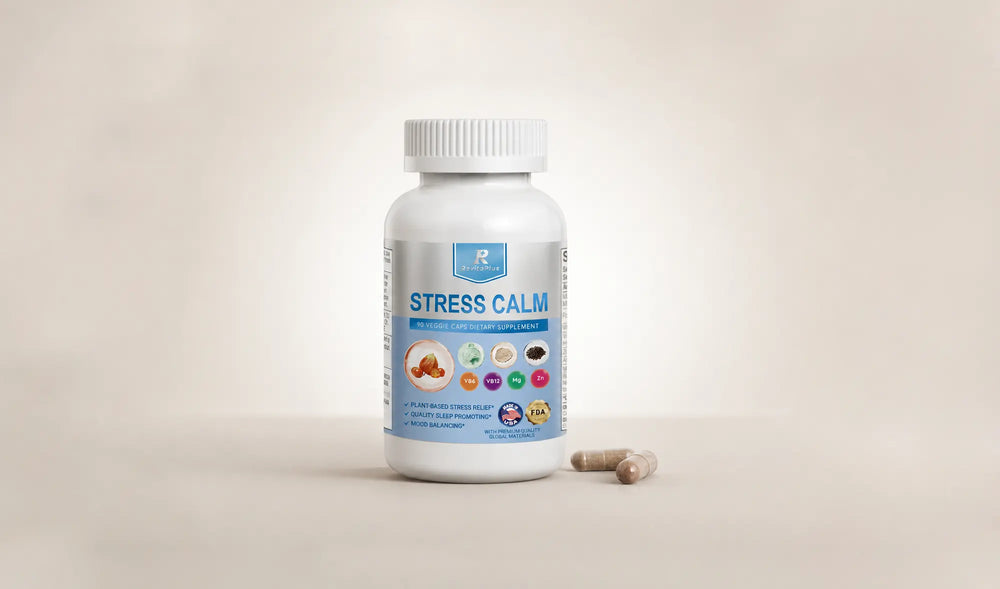 RevitaPlus Stress Calm dietary supplement bottle with veggie capsules on a soft neutral background