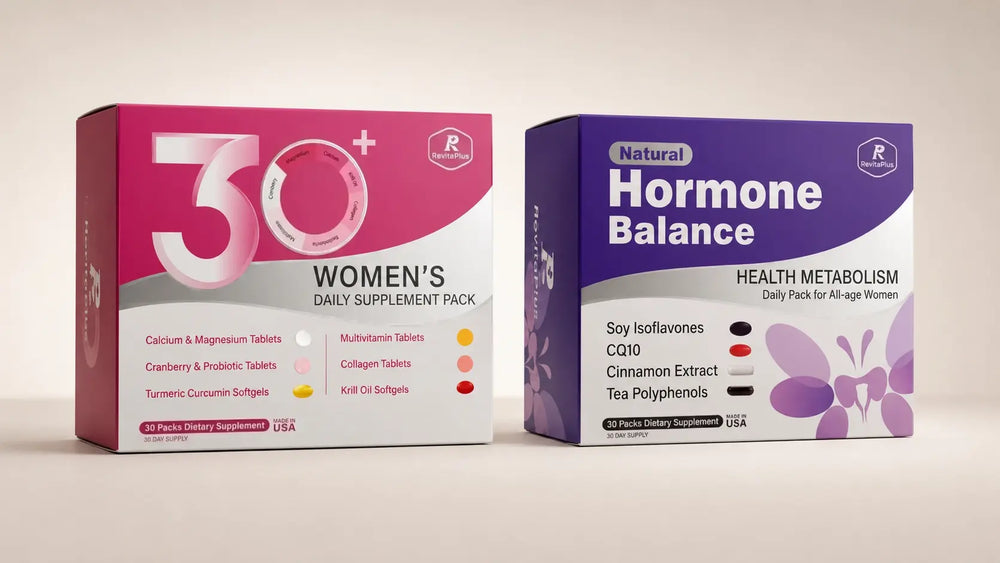 RevitaPlus The Balance and Glow Duo with Women’s 30+ Daily Supplement Pack and Natural Hormone Balance boxes
