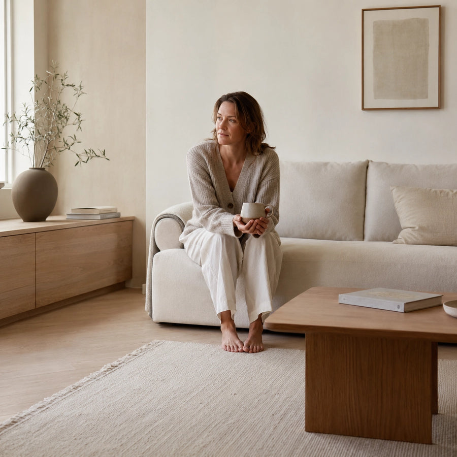 Woman in her 40s sitting with a mug in a quiet neutral living room